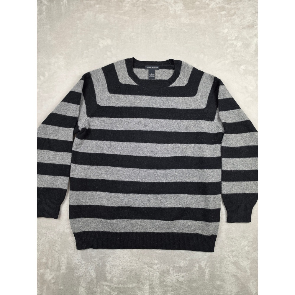 Eastside Westside Sweater Mens XL Gray Black Striped Lambswool Crew Neck